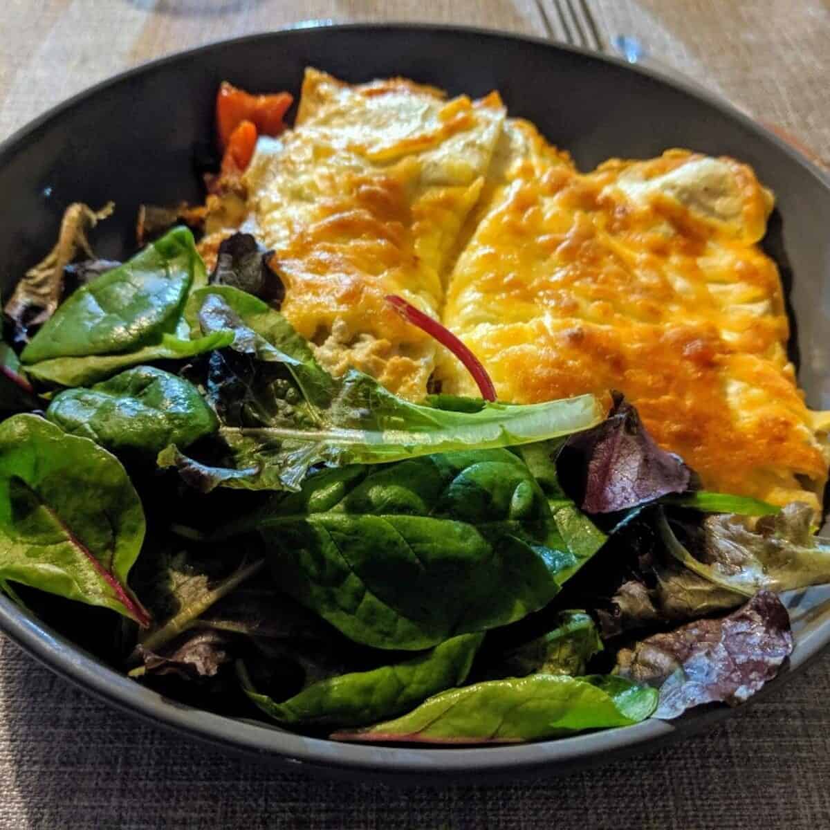 A bowl containing a serving of baked cheesy lasagne next to a portion of mixed leafy green salad.