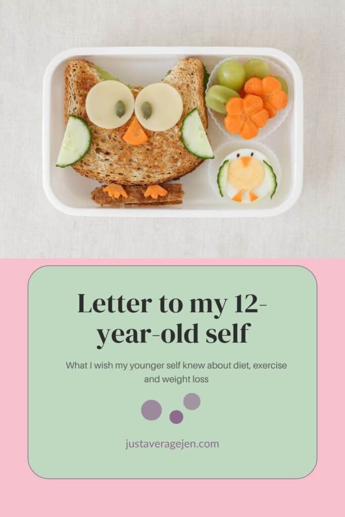 A lunch tray with an owl-shaped sandwich, fruit, and a chick-shaped treat above a note saying: "letter to my 12-year-old self: what i wish my younger self knew about diet, exercise and weight lossāthe advice i needed. Justaveragejen. Com.