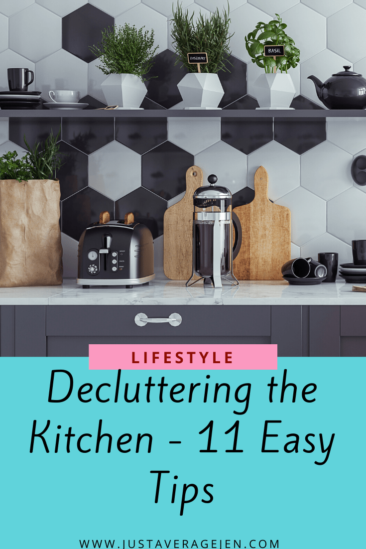 Pinterest pin of a kitchen countertop with devices and appliances on top