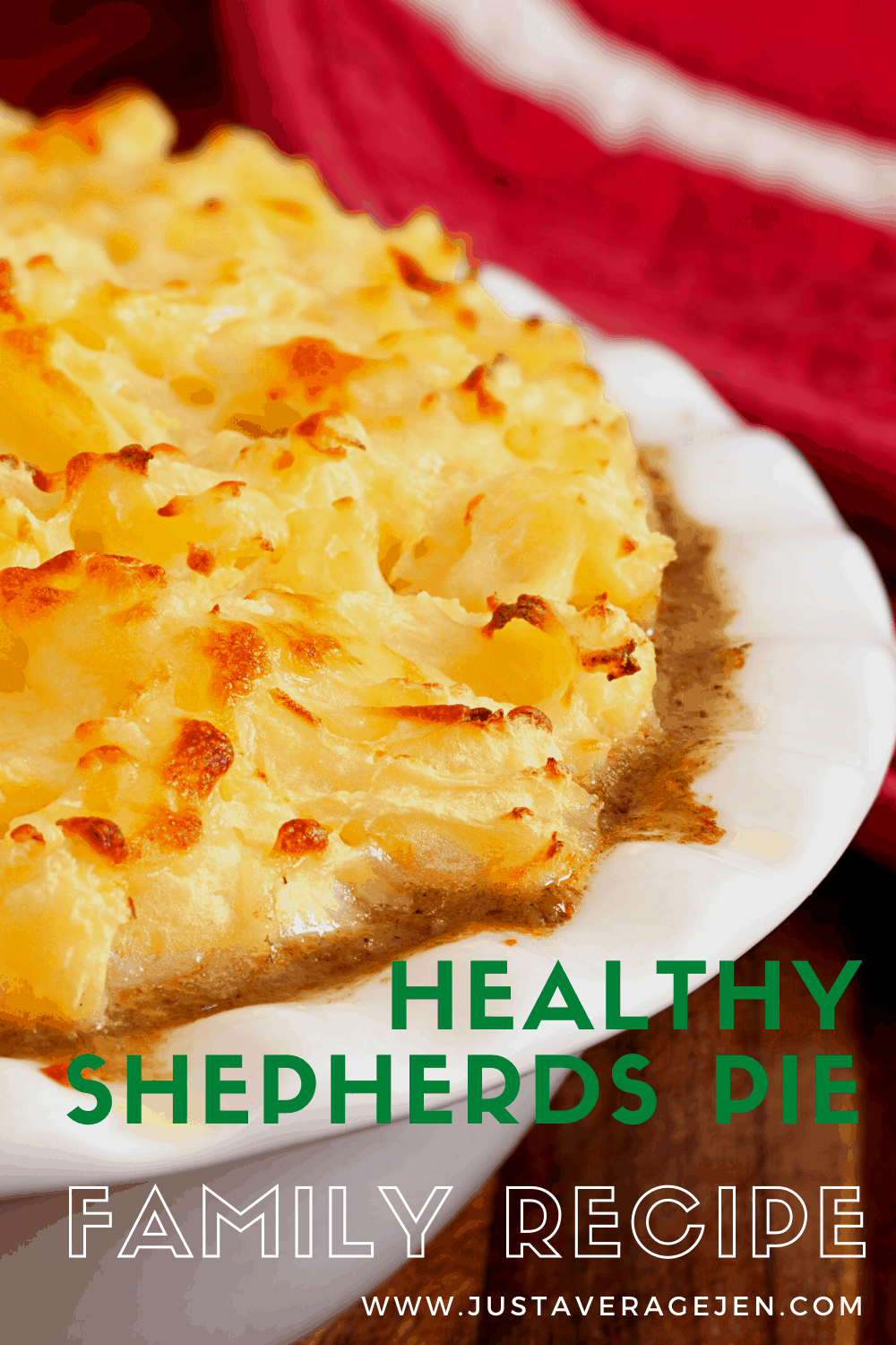 Pinterest pin of closeup of healthy Shepherds pie on white plate