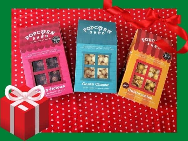 Popcorn shed packets on red and white background