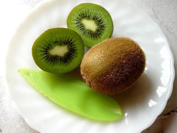 A kiwi fruit on a white plate