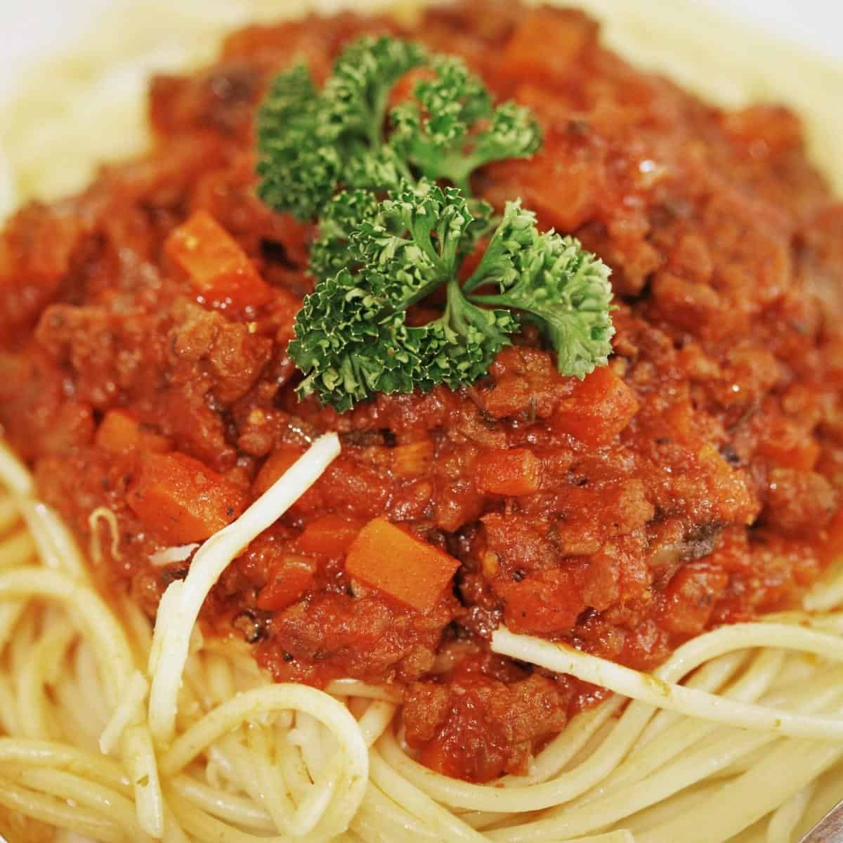 A close up of  Spaghetti Bolognese