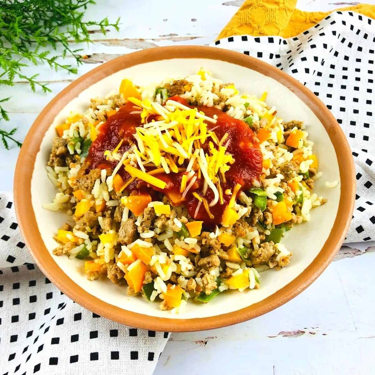 beef and rice in a bowl