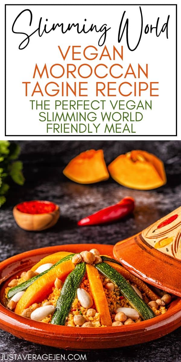 A colourful vegan tagine dish with chickpeas, couscous, and vegetables like courgette and carrot, served in a traditional pot. Sliced squash, parsley, and a red chilli in the background highlight this vibrant vegan recipe.
