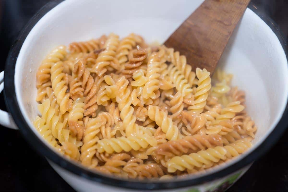 cooked pasta in a pan