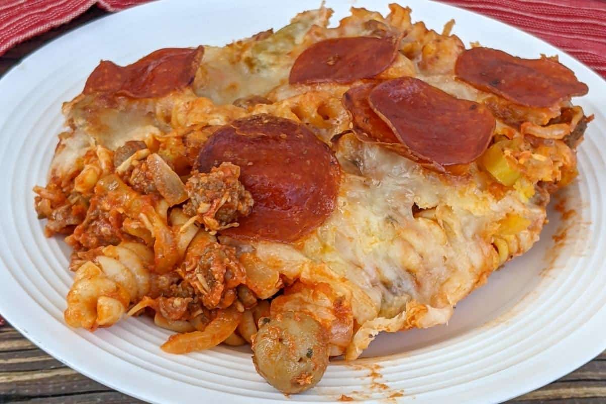 white plate of healthy pizza casserole