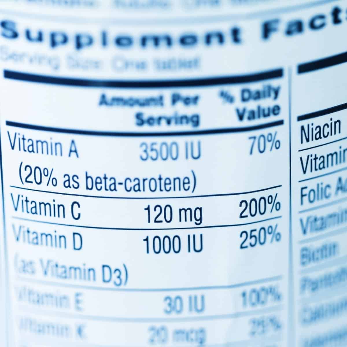 nutritional information on a package showing all the vitamins and minerals in a serving.