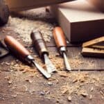 Three wood carving chisels rest on a wooden workbench, encircled by wood shavings and a ruler, ready to bring DIY woodworking projects to life.