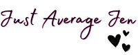 Text reads "Just Average Jen" in a casual script font. Two small black hearts appear in the bottom right corner. The background is plain white.