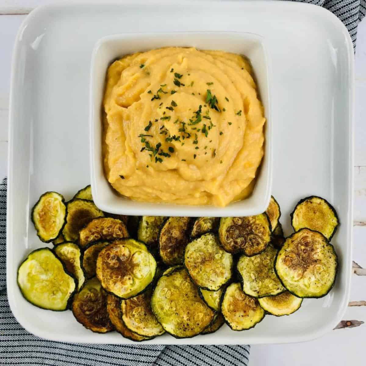 Sweet potato houmous with zucchini chips or courgette fries