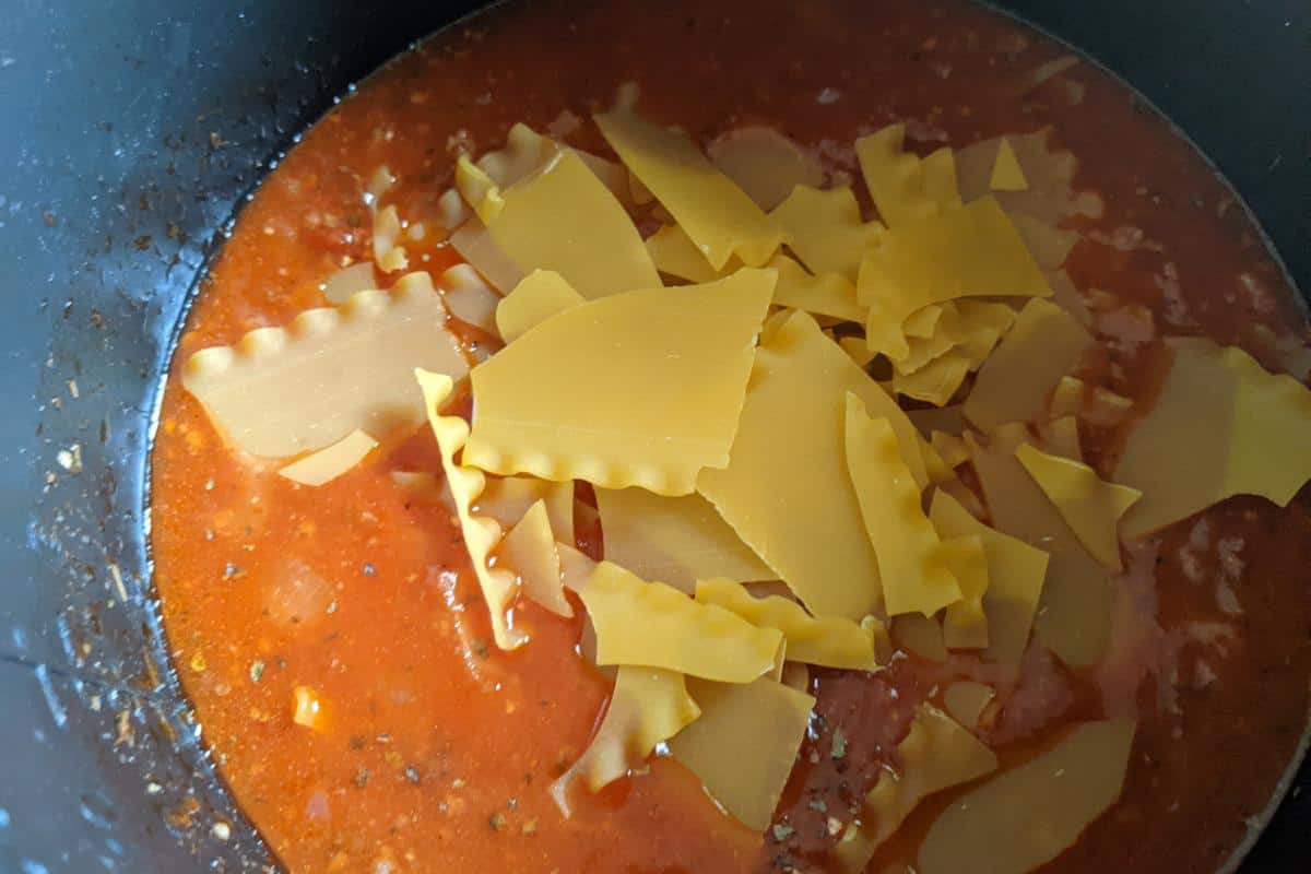 Lasagne pieces in a tomato sauce in an Instant Pot.