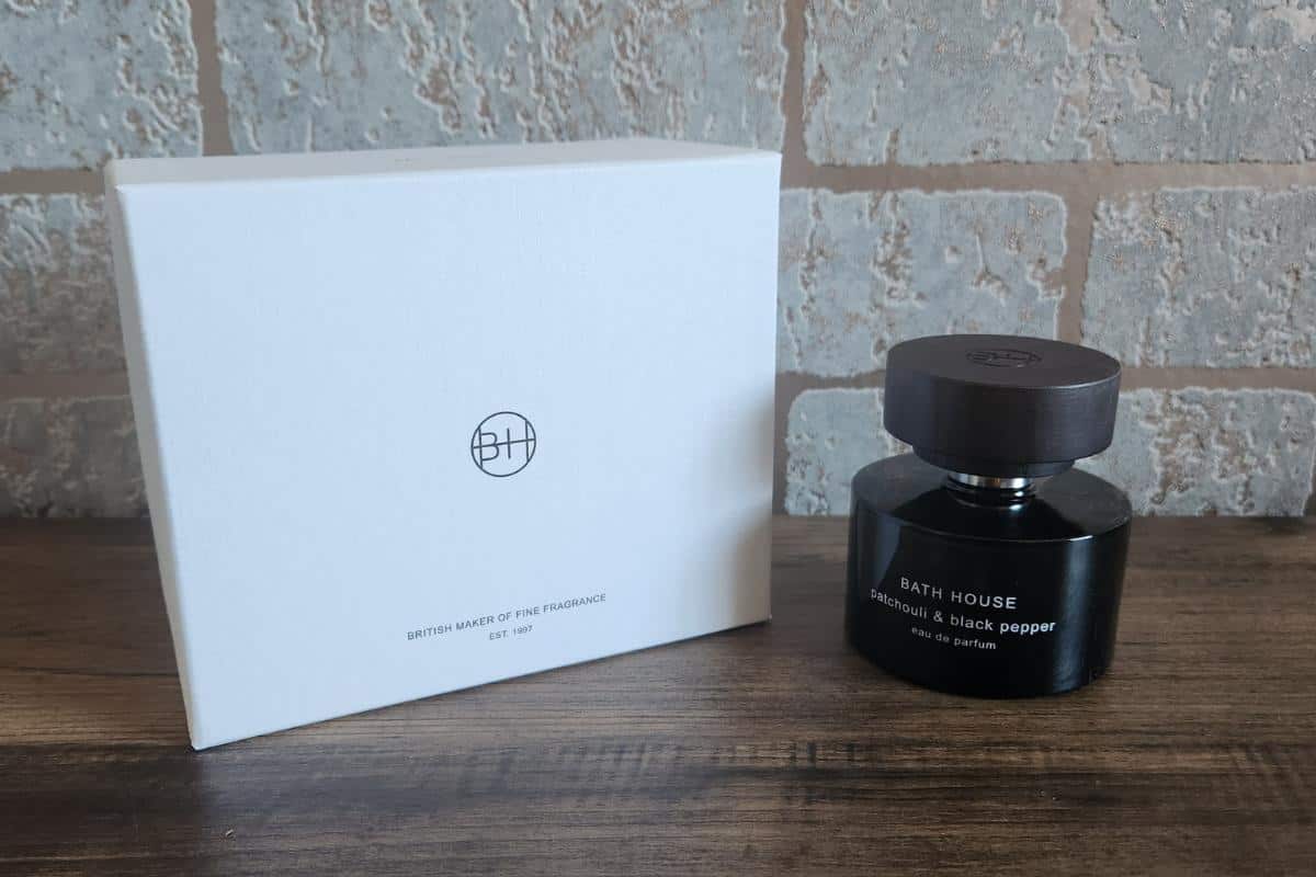 Bath house perfume with a white box.