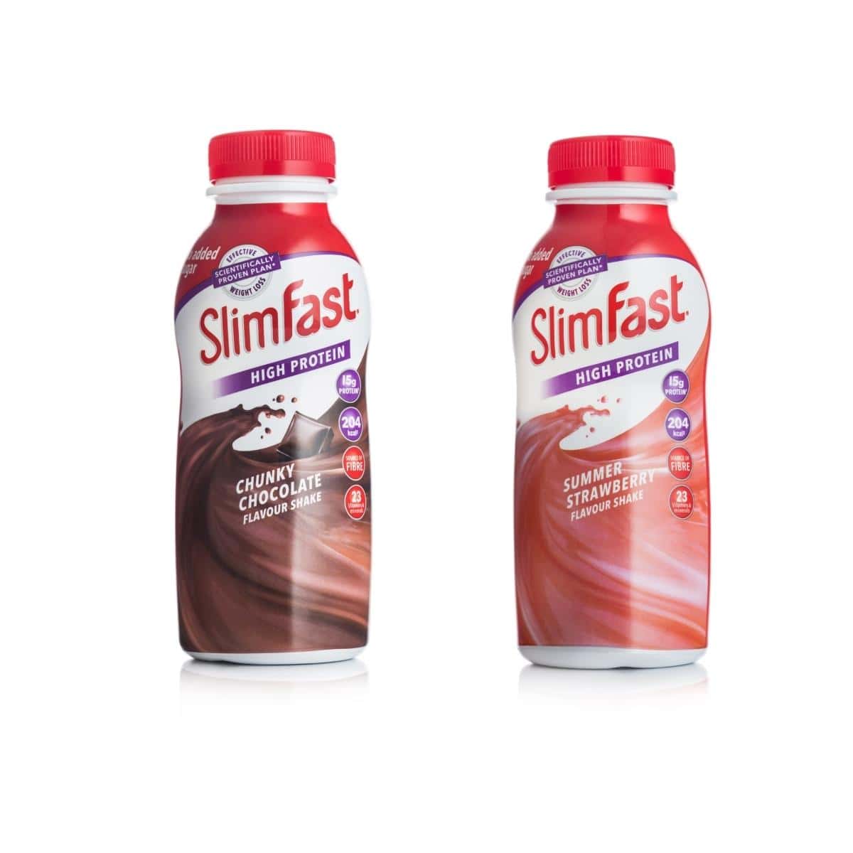 Two slim fast shake ready made bottles, one chocolate flavour and the other strawberry.