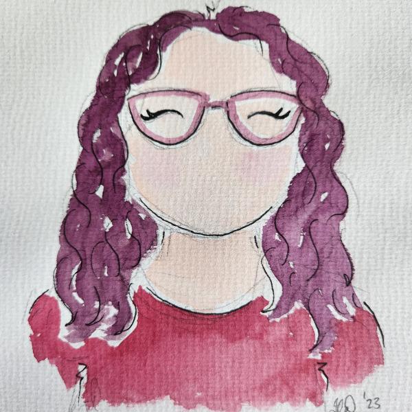 A watercolour sketch of Jen with purple/dark pink curly hair, purple glasses and a red top