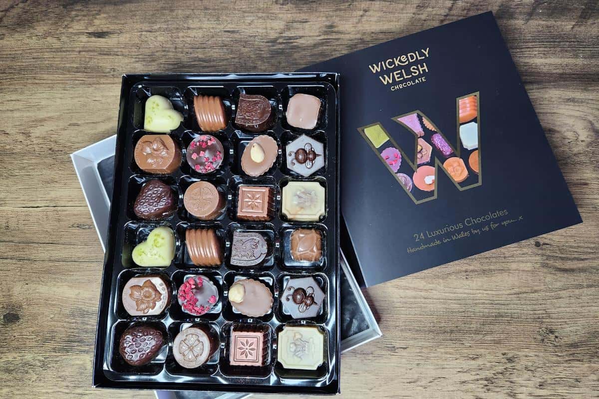 Box of beautiful chocolates by Wickedly Welsh with colourful and unique shaped chocolates.