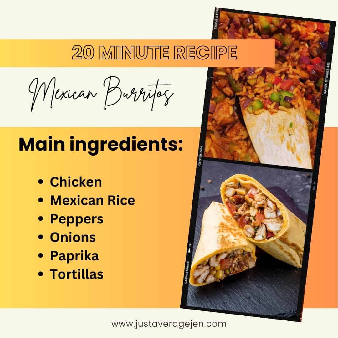 Mexican Burritos main ingredients chicken mexican rice, peppers, onions, paprika and tortillas.