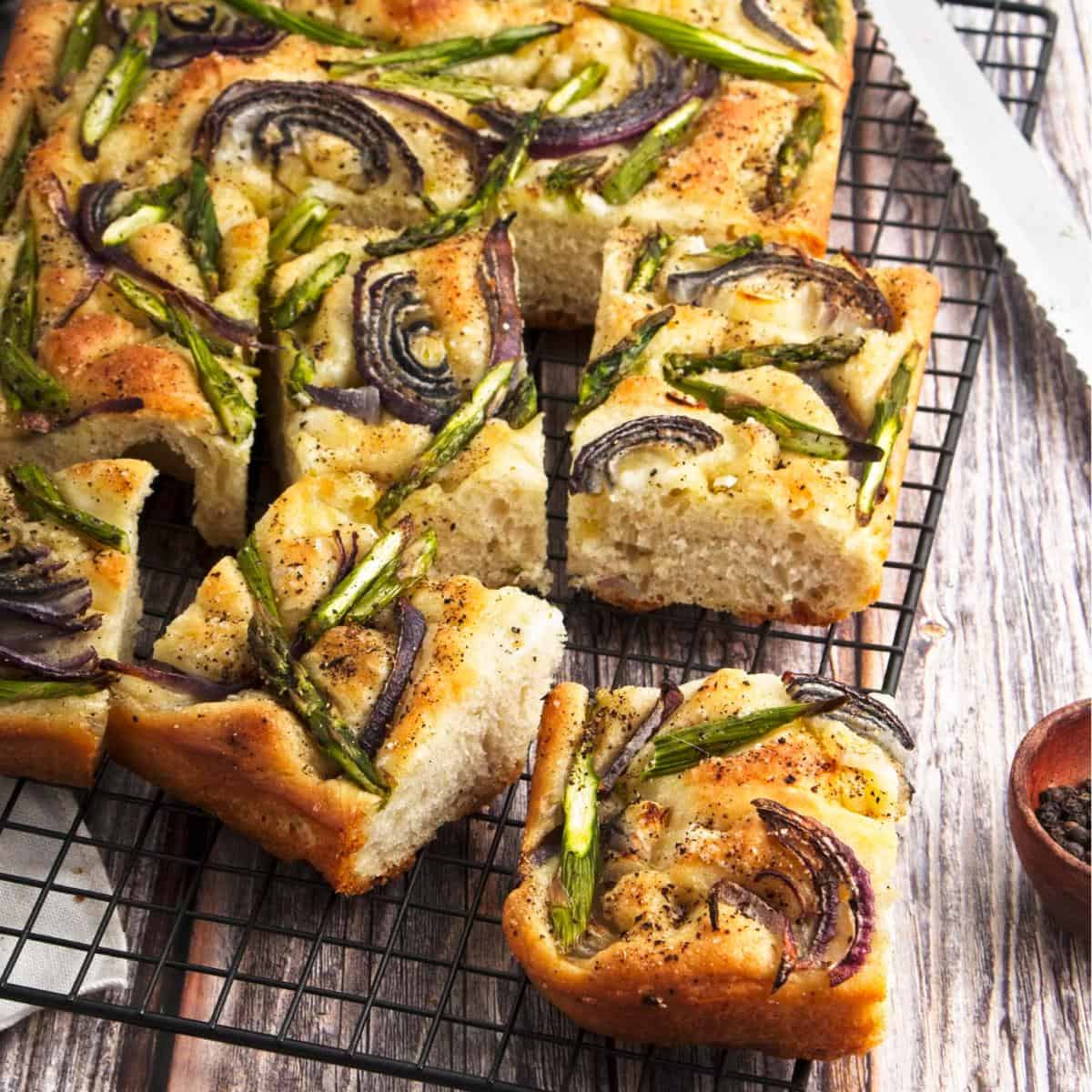 cooked asparagus and red onion focaccia.