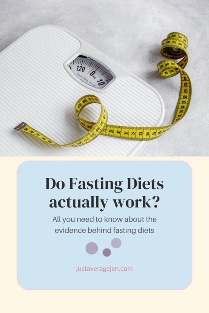 A white bathroom scale with a yellow measuring tape on top. Text below reads: “do fasting diets actually work? All you need to know about the evidence behind fasting diets. ”.