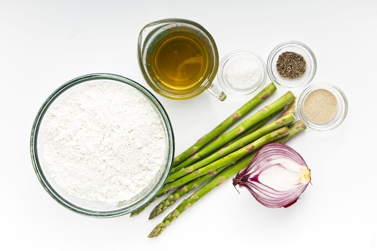 Ingredients needed laid out for focaccia.