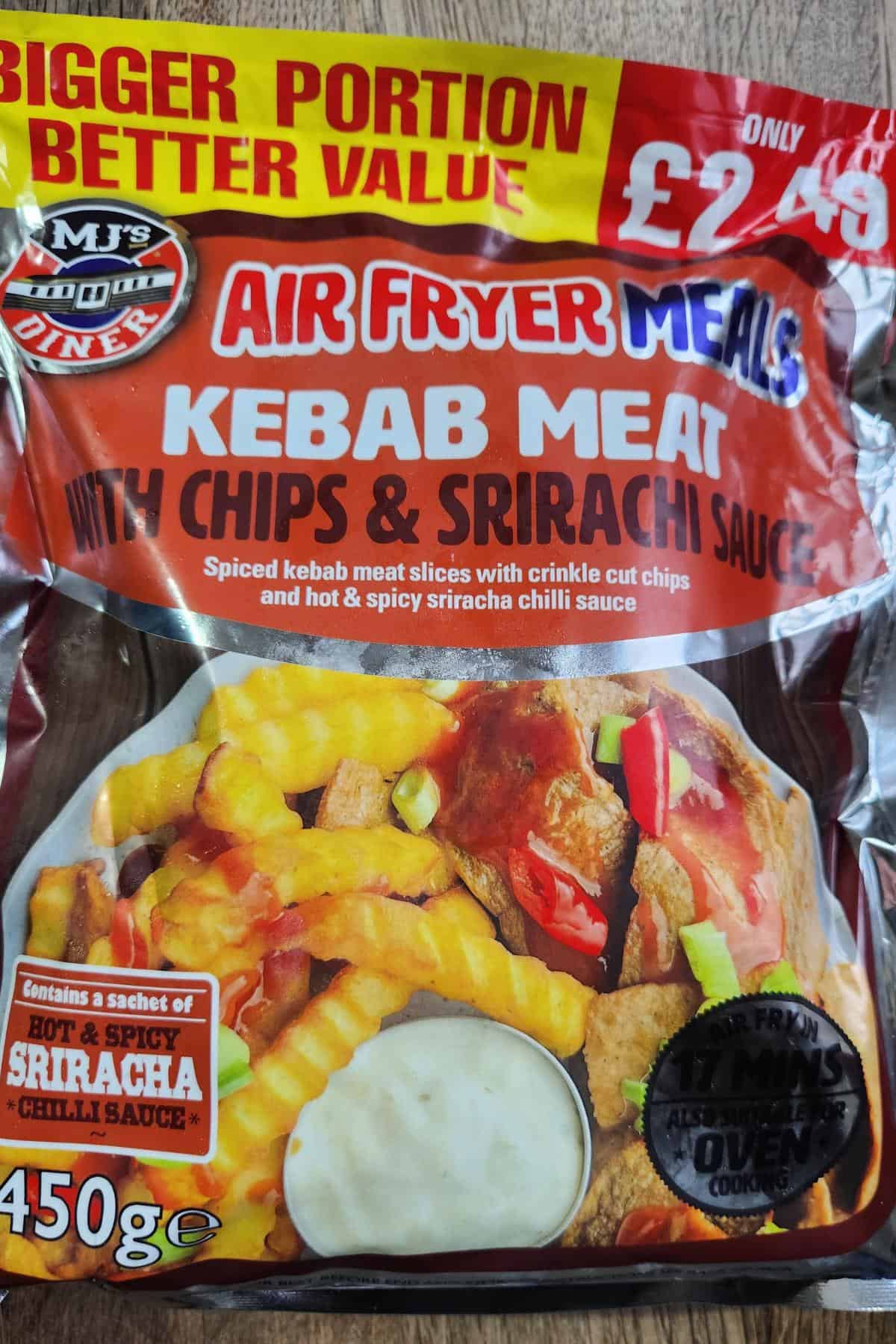 Packaging of MJ's Diner Air Fryer Meals showcases delicious kebab meat with chips and a kick of sriracha sauce, all for just £2.49.