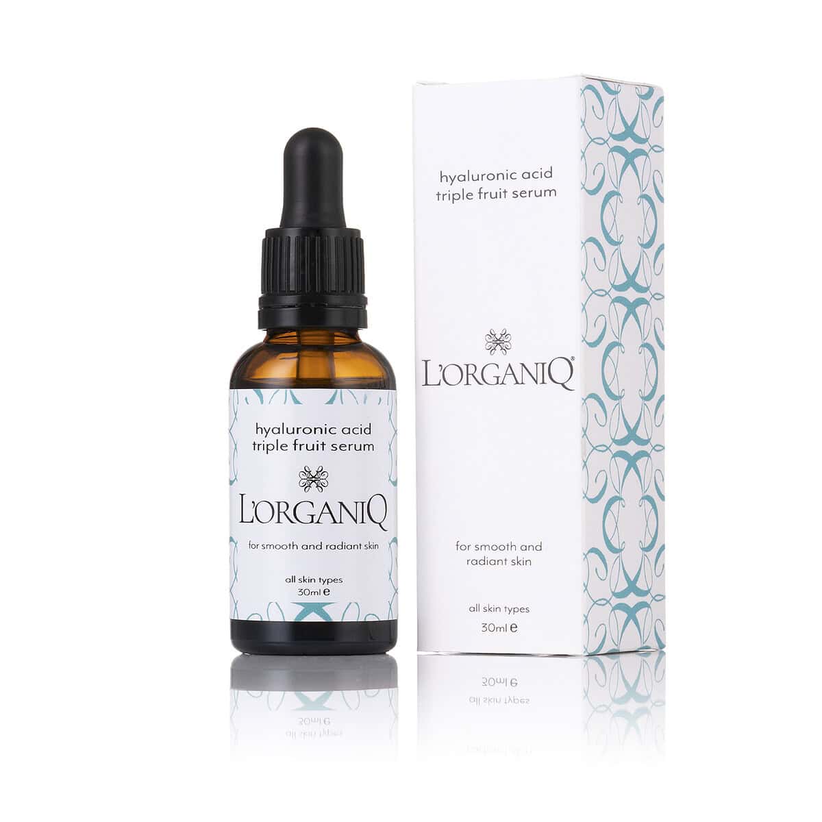 L'Organiq Serum hyaluronic acid triple fruit serum bottle and box, 30ml, for all skin types, promises smooth and radiant skin. A true win for your skincare routine valued at £80.