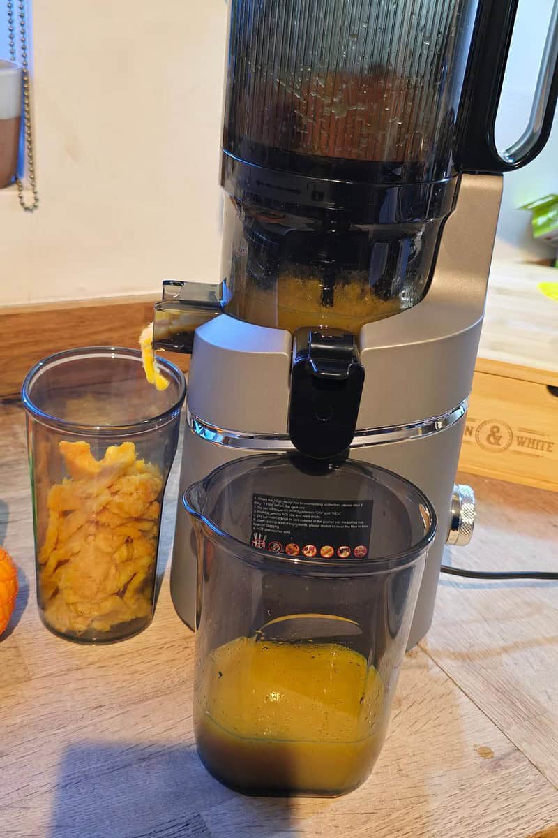 A sleek juicer stands on the kitchen counter, effortlessly separating pulp into one container and collecting fresh juice in another, ready to invigorate your day.
