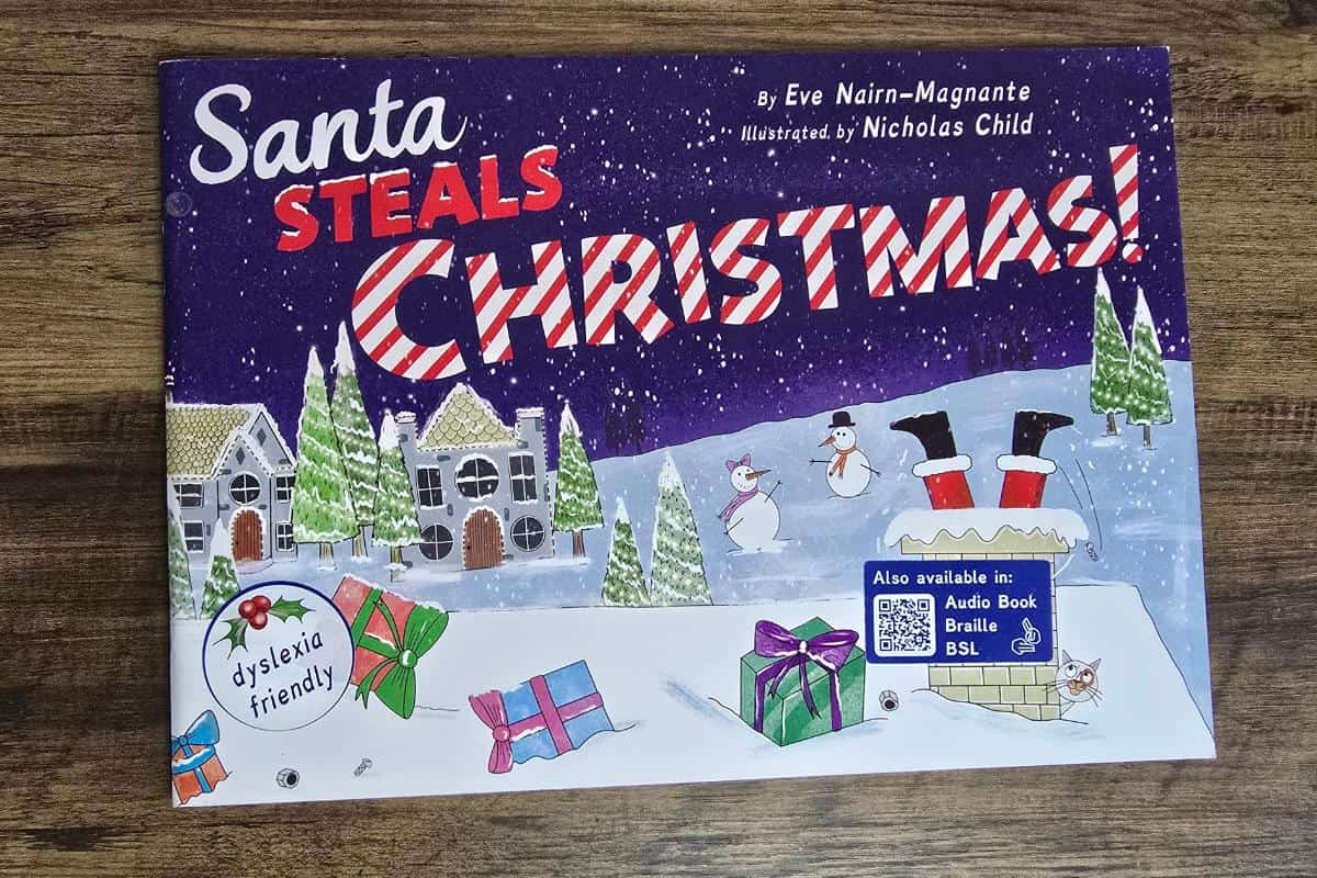 Book cover titled "Santa Steals Christmas!" by Eve Nairn-Magnante, illustrated by Nicholas Child. A delightful addition to books for children, it features a snowy scene with a castle, snowmen, and gifts.