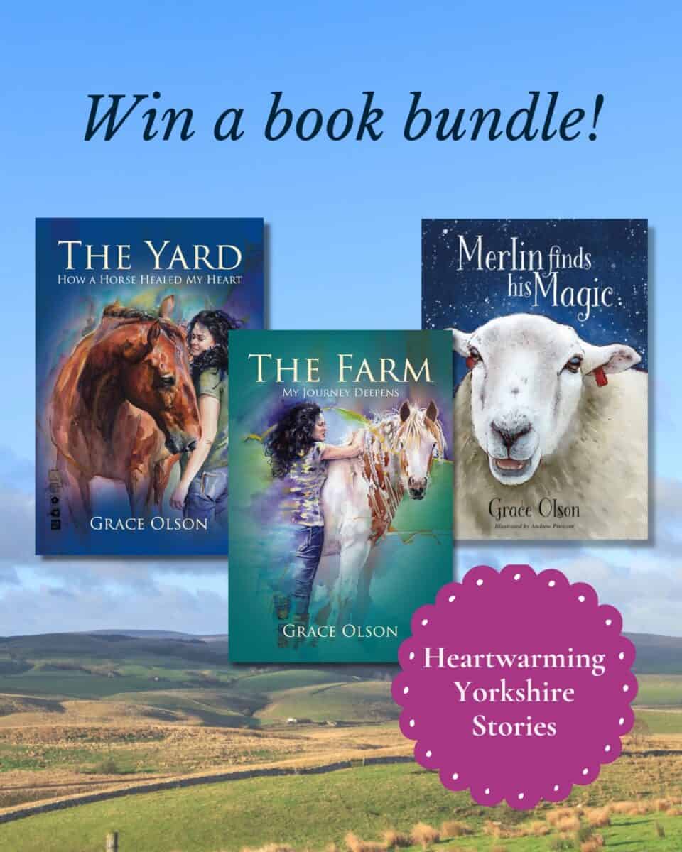 A promotional image showcases three bestselling book covers with the headline "Win a book bundle!" The books, by Grace Olsen, are titled "The Yard," "The Farm," and "Merlin Finds His Magic." Below them is the phrase "Heartwarming Yorkshire Stories," set against a scenic rural landscape.