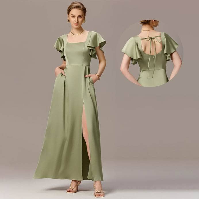 A woman in a light green, floor-length dress with ruffled sleeves and a high slit poses confidently. The dress features a square neckline and is shown from the back, highlighting a tie-up detail. She wears high heels and subtle jewelry.