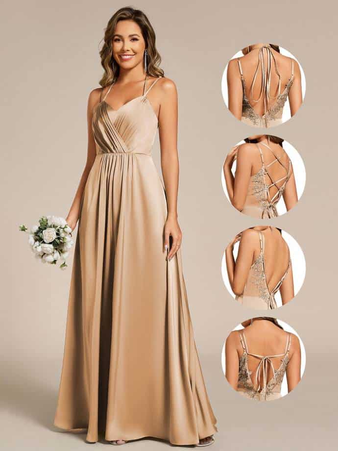 A woman in a floor-length gold gown with spaghetti straps holds a small bouquet. The dress features a flowing skirt and a gathered bodice. Side images show various back designs with lace and ribbon details.