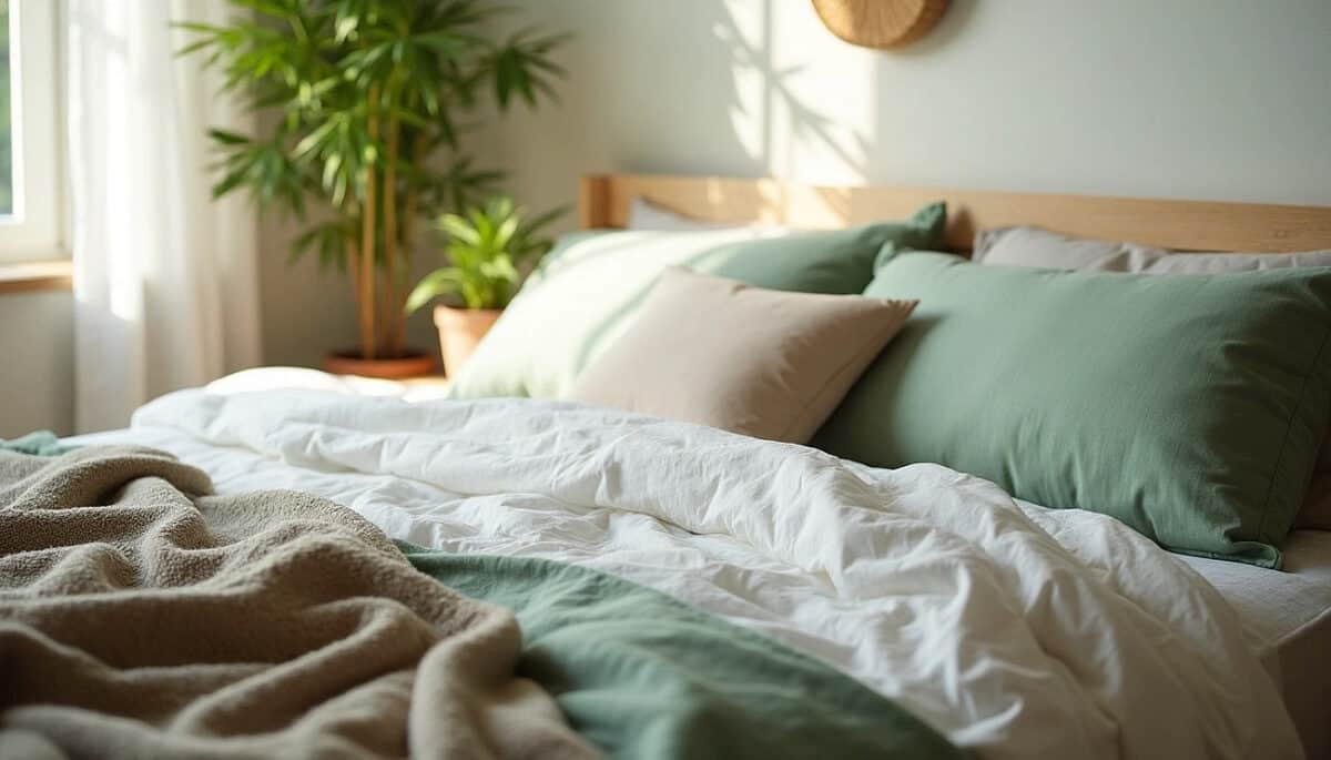 a bed made with organic cotton bedding with pillows and a plant
