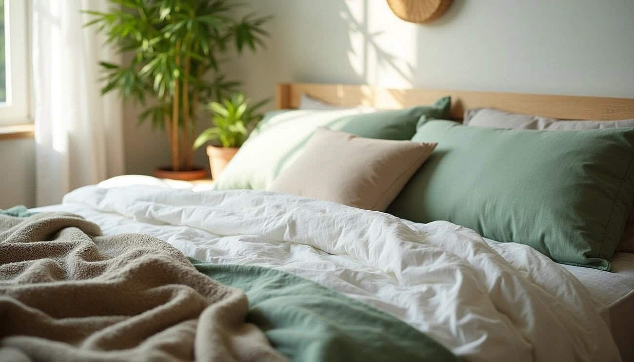 A cozy bed with green and beige bedding, white sheets, and a beige blanket is bathed in natural sunlight from a nearby window. A leafy potted plant sits next to the bed, while soft-colored walls create a calm and inviting atmosphere.