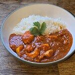 A bowl of white rice and red curry with chicken pieces, inspired by a classic chicken bhuna recipe, garnished with cilantro and served on a wooden surface.