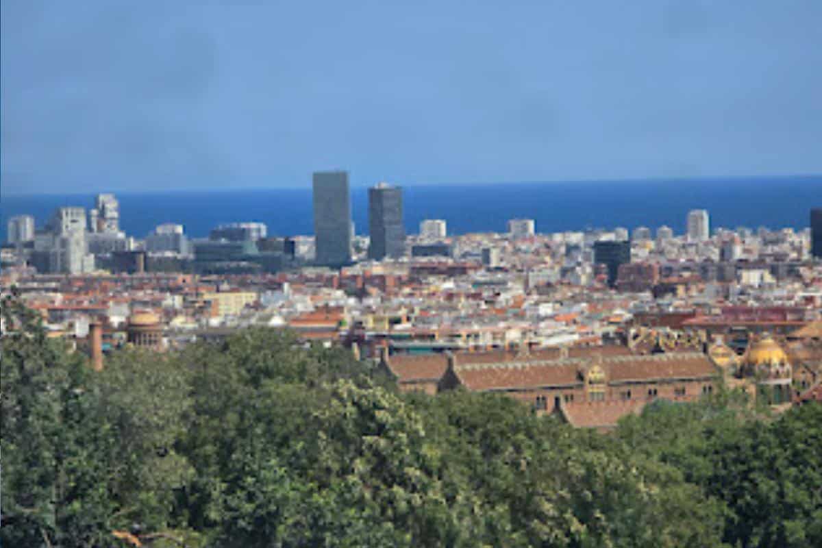 A panoramic view of Barcelona with green trees in the foreground, historic buildings, modern skyscrapers, and the blue Mediterranean Sea in the background—perfect for families to explore on a city tour bus under the clear sky.