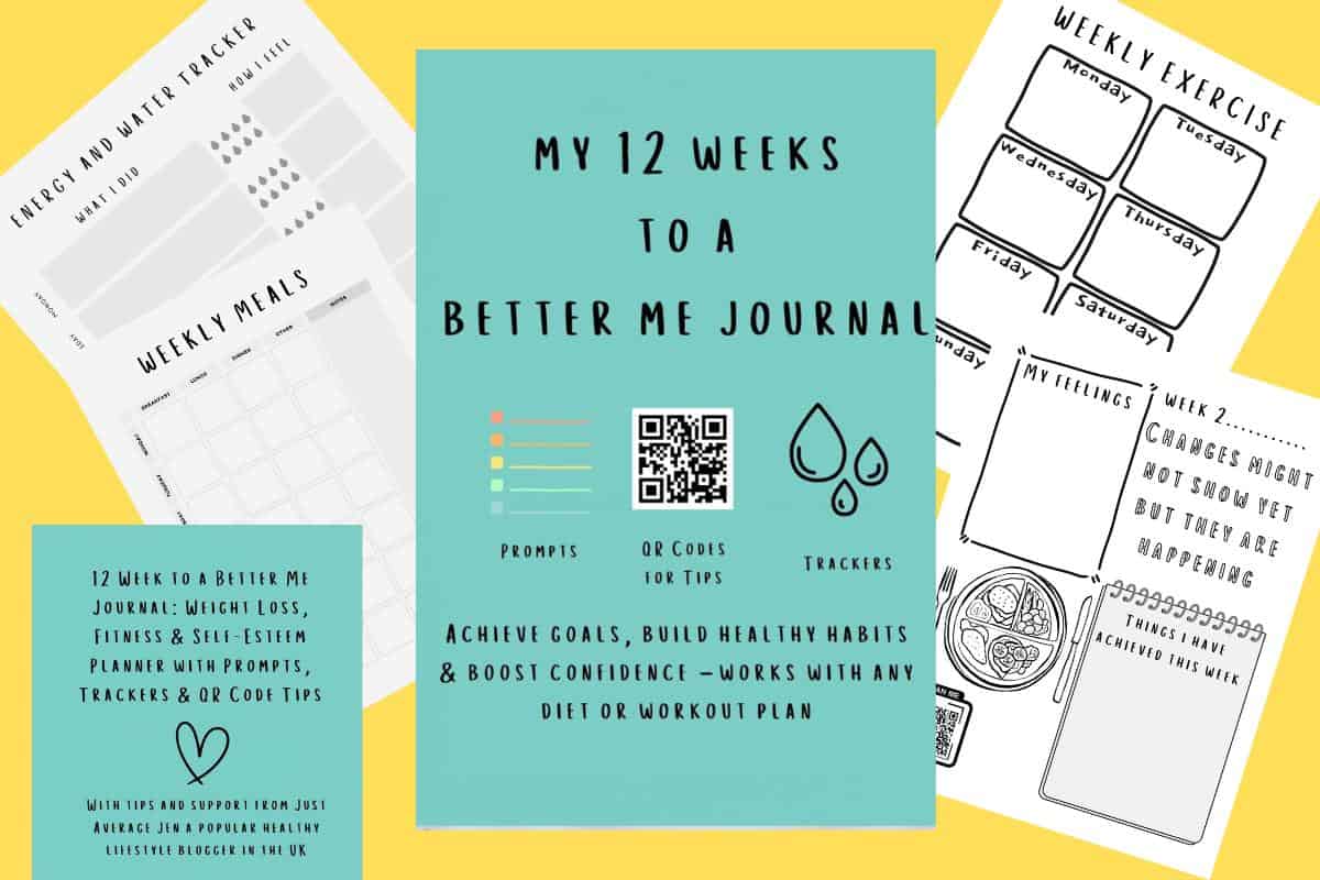 A promotional image for the 12 Weeks to a Better Me Journal, a self-improvement planner, showing sample pages for tracking meals, water, exercise, and feelings with prompts and motivational text on a bright yellow background.
