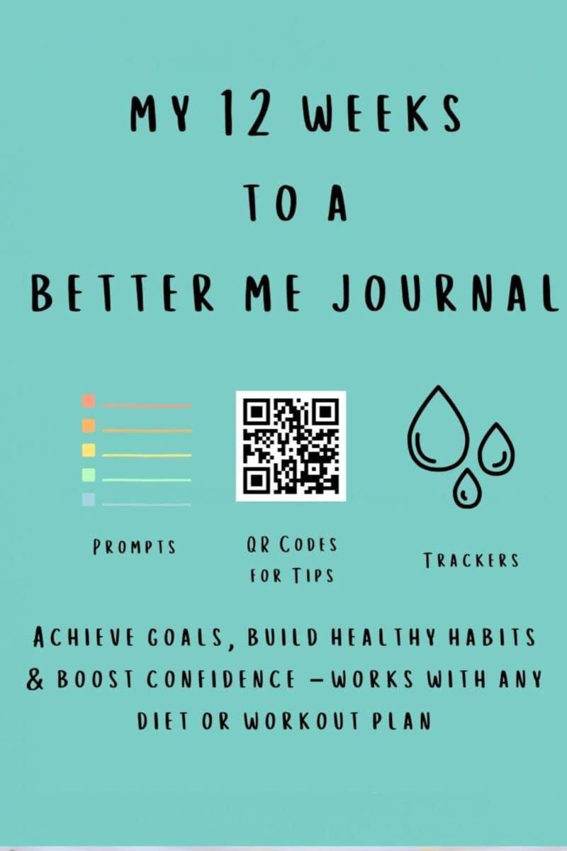 Cover of the 12 Weeks to a Better Me Journal features icons for prompts, QR codes for tips, and trackers. This journal helps you achieve goals, build healthy habits, and boost confidence—perfect as your new planner companion.