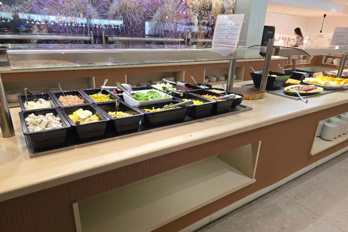 An all-inclusive self-serve salad bar at Bahia del Sol in Santa Ponsa features containers of fresh vegetables, fruits, and toppings. Spoons and tongs are provided, and the clean counter is neatly arranged for your convenience.