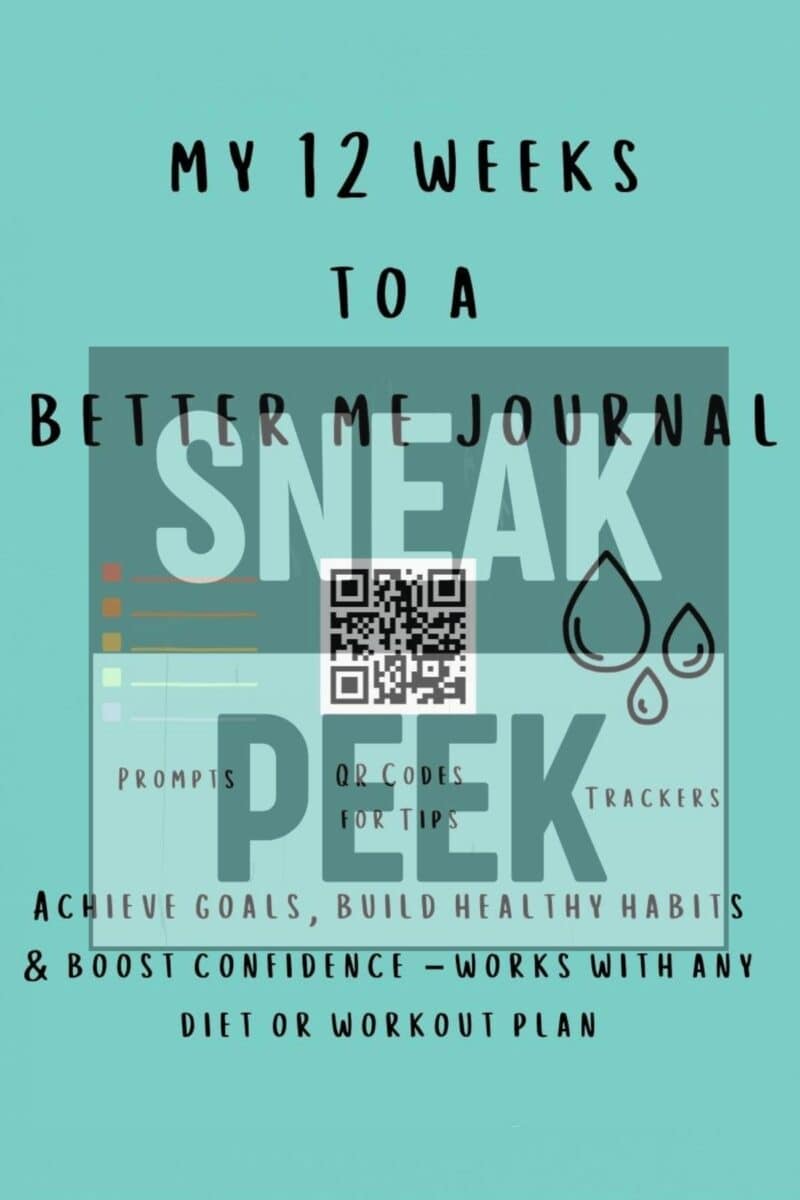 A turquoise cover with black text reads: "My 12 Weeks to a Better Me Journal SNEAK PEEK." Bullet points mention prompts, QR codes, trackers, Midweek Catch-Up tips, and building healthy habits. A QR code and icons appear in the center.