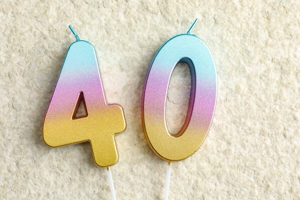 Two gradient-colored candles shaped as the number 40, with gold, pink, and blue hues, placed on a textured off-white surface—perfect for celebrating milestones like weight loss after 40.