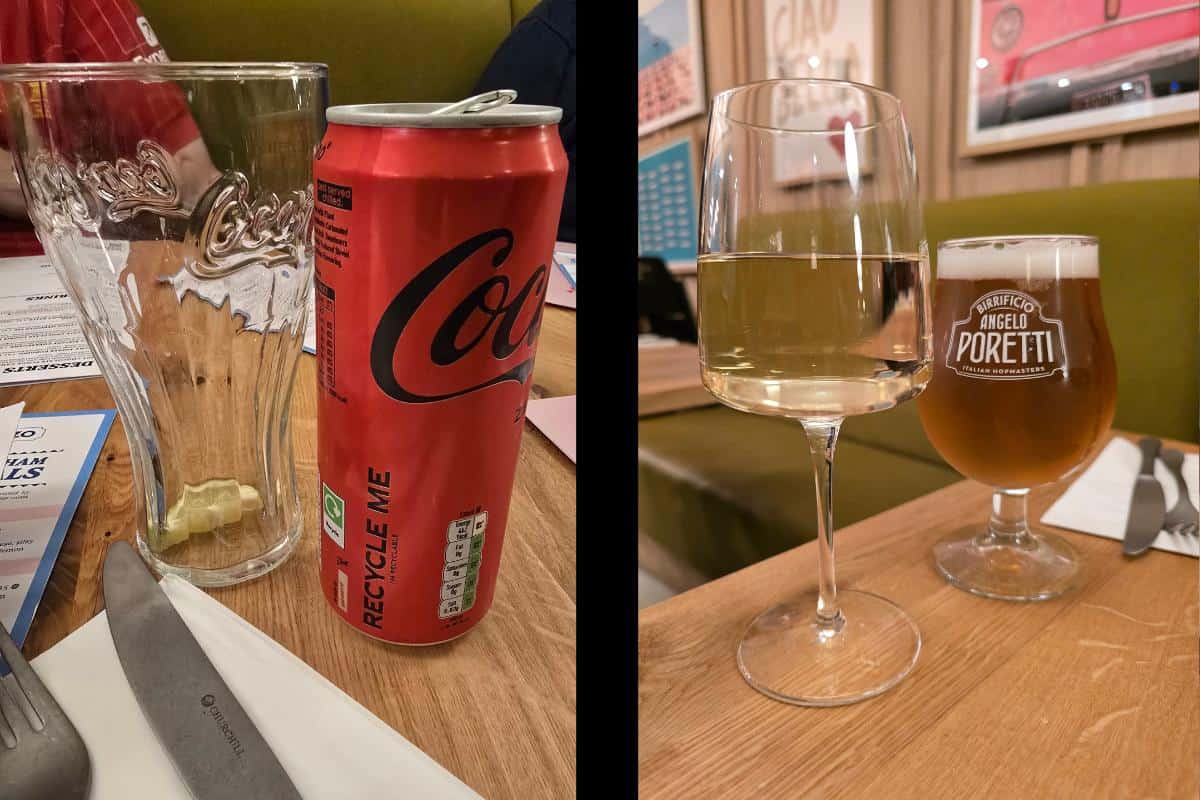 Two photos side by side: at Prezzo Italian in Nottingham, an empty Coca-Cola glass, a can of Coke, a napkin, and cutlery on the left; on the right, a glass of white wine and beer on a wooden table—perfect for a review.