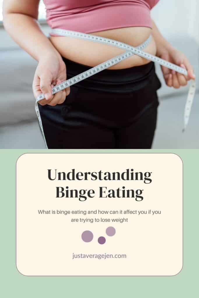 A person measures their waist with a tape measure above text that reads “understanding binge eating: what is binge eating disorder and how can it affect you if you are trying to lose weight. ”.