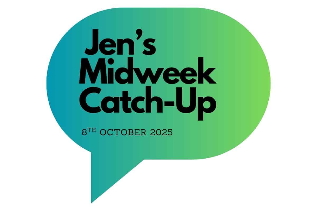 A green and blue gradient speech bubble features the text “Jen’s Midweek Catch-up” along with the date “8th October 2025” inside.