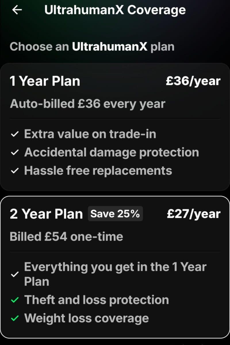 A comparison of UltrahumanX coverage plans for the ultrahuman ring air: 1 Year Plan for £36/year adds trade-in value, damage protection, and free replacements; 2 Year Plan for £54 also covers theft, loss, and weight loss benefits.