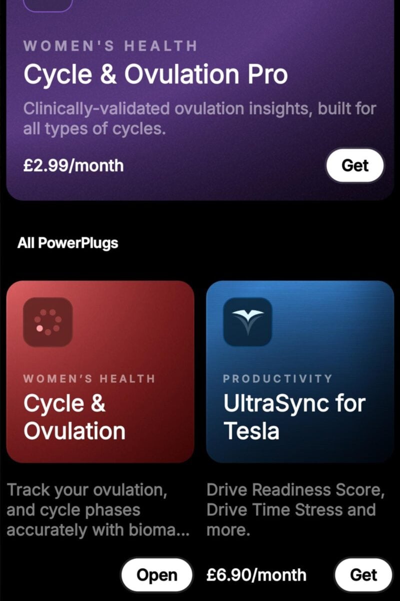 A mobile app screen displaying women’s health and productivity apps. The top section features "Cycle & Ovulation Pro" and "ultrahuman ring air," both with subscription options and 'Get' buttons, alongside "UltraSync for Tesla" and more.