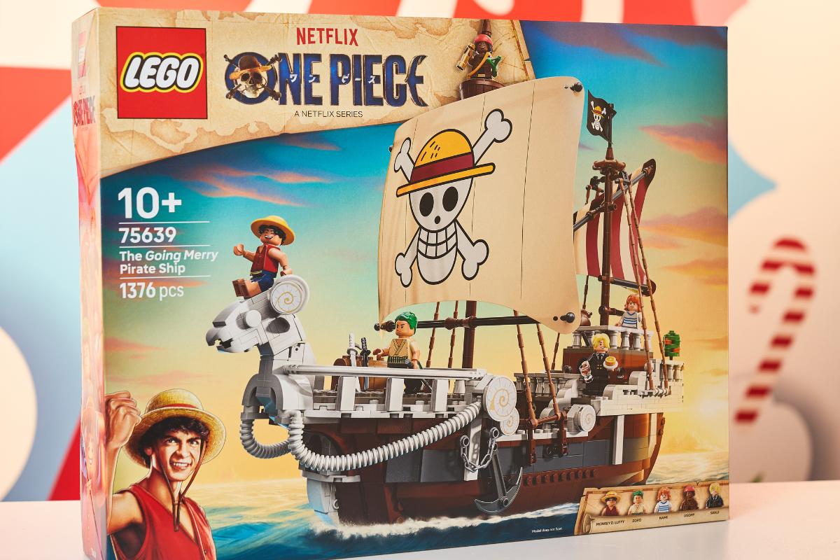 LEGO box featuring the "One Piece" pirate ship, the Going Merry, with 1376 pieces for ages 10+. A Top Toys 2025 pick—perfect for Kids and sure to be a hit on any Christmas List. Includes ship, crew minifigures, and show’s logo.