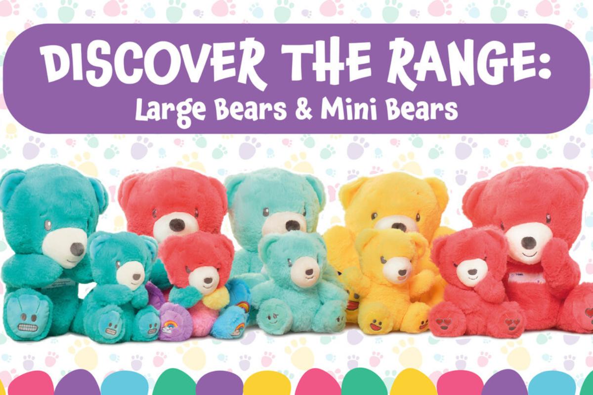 A line-up of colourful plush bears in large and mini sizes makes the perfect addition to any children's Christmas gift guide, featuring teal, red, pink, aqua, yellow, and orange on a playful paw print background.