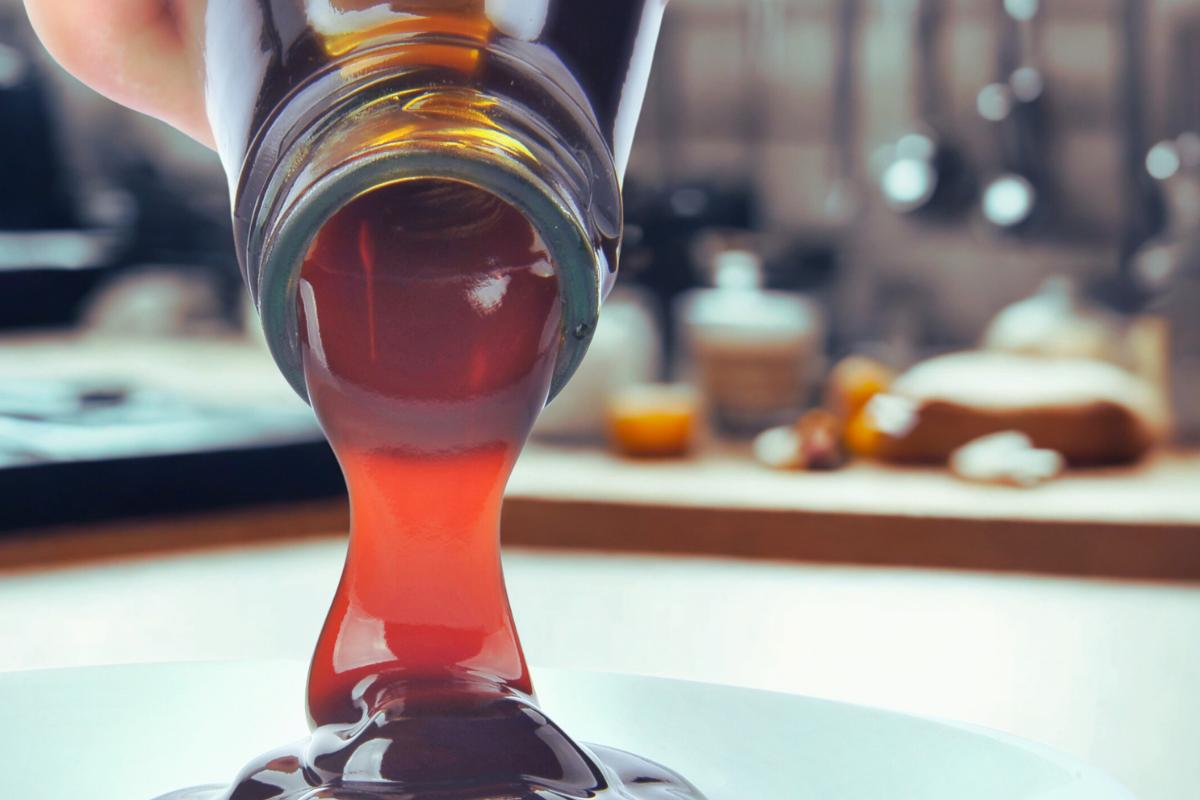 A close-up of vegan syrup being poured from a glass bottle onto a white plate, with a blurred kitchen background—perfect as one of the best vegetarian oyster sauce alternatives.
