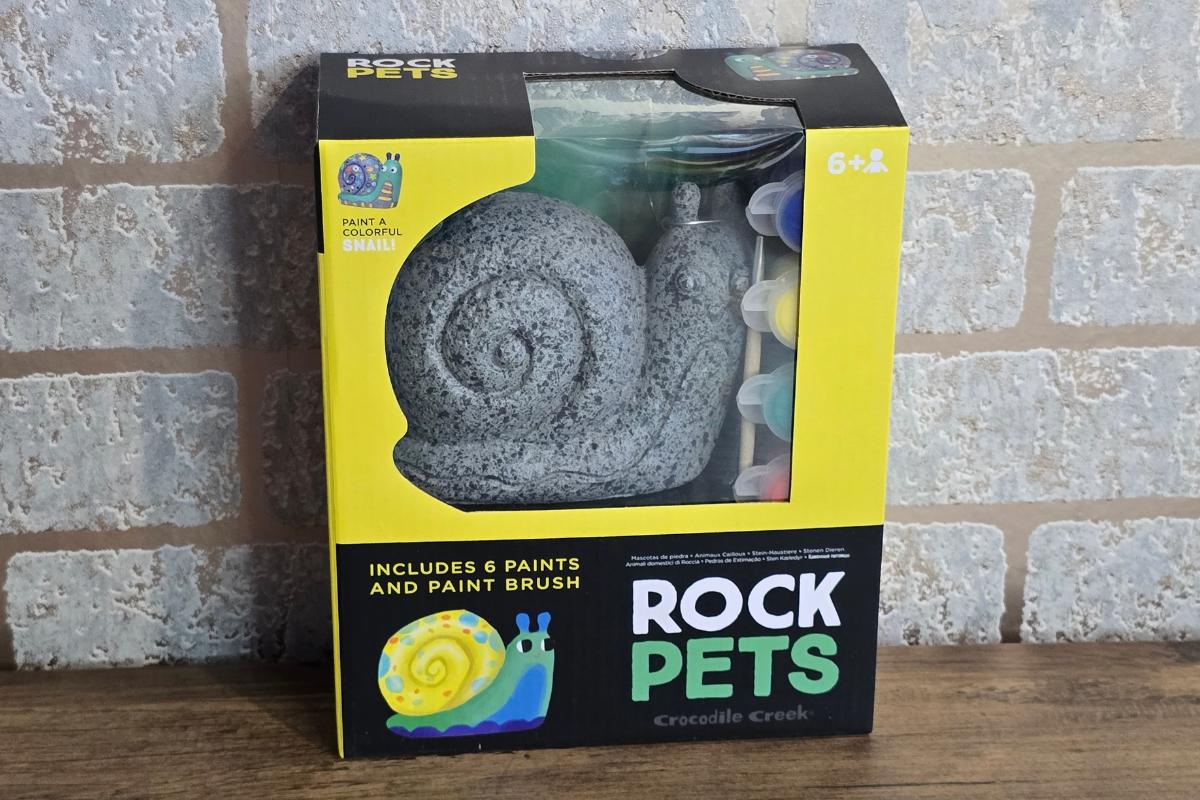 A boxed Rock Pets craft kit featuring a gray snail figurine, six paint pots, and a brush. With fun packaging, it's perfect for Children's Christmas gifts—an engaging activity idea for any Christmas gift guide. Ages 6 and up.