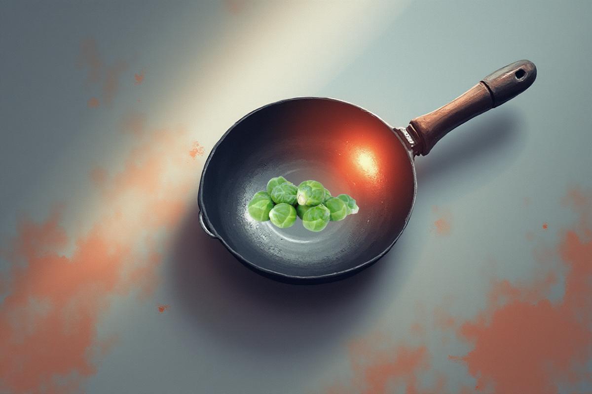 A few Brussels sprouts sit in the centre of a black frying pan with a wooden handle, under a focused beam of light on a grey surface with orange splotches—perfect inspiration for holiday recipes or Christmas sides.